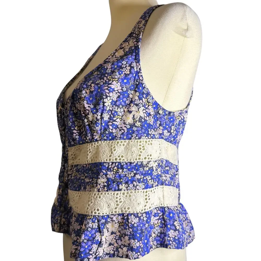 Free People Kiana Eyelet Floral Lace Peplum Camisole Top, Blue, Women's Large